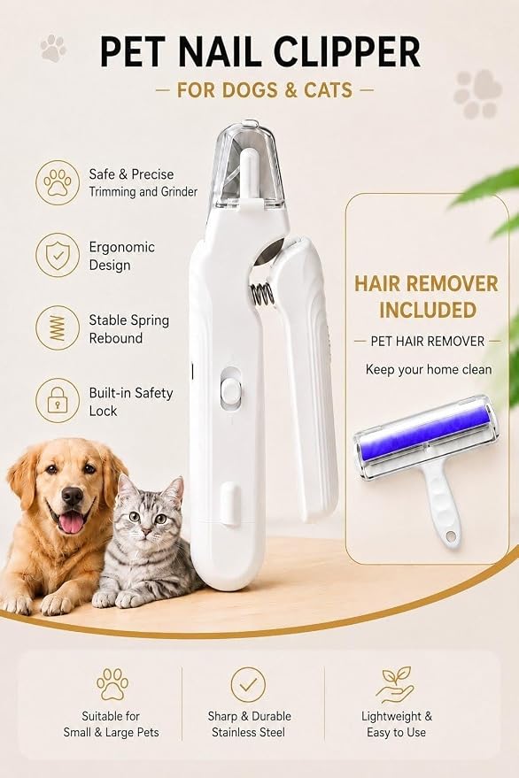 2-in-1 LED Pet Nail Clipper & Grinder with Hair Remover Included, USB Rechargeable Dog & Cat Nail Trimmer with Safety Guard, Low Noise Grooming Tool for Small Medium Large Pets, White