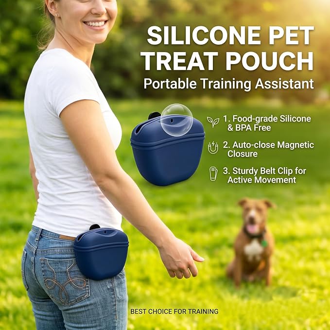 Dog Treat Pouch for Training, Silicone Dog Treat Bag with Strong Clip, Hands-Free Puppy Training Treat Holder, Portable Pet Snack Pouch for Walking, Agility, Obedience Training & Outdoor Use