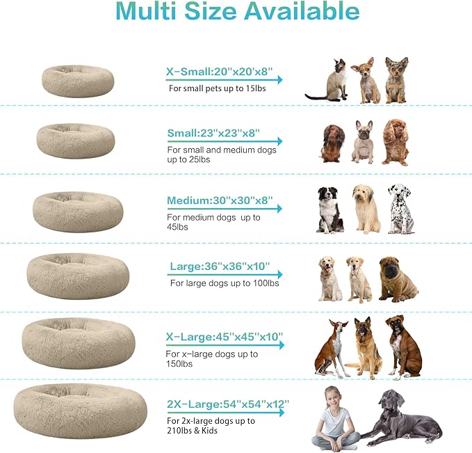 SAVFOX 45 inches Calming Donut Dog Bed - 3X Durable Plush Faux Fur, Machine Washable & Non-Slip, Fits up to 150 lbs, Beige