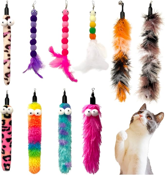 AcceLeah Cat Worm Toy Refills Cats Teaser Toys Cat Fishing Pole Toy Refill Wand Replacement Cat Wand Attachments 10Pcs Cat Worms and Dragonfly Refill,Cat Wand Toy Assorted Teaser Refills(10Pcs)