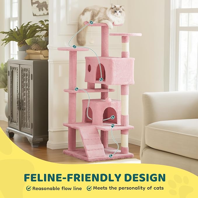 Sweetcrispy 54-inch Cat Tree Tower with Scratching Posts, Indoor Use | Multi Level Indoor Cat Tree Condo with Climbing Ladder, Plush Toy, Play House for Kitten, Pink