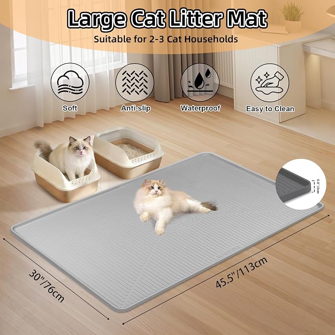 Silicone Cat Litter Mat 45" x 30" Cat Mat for Litter Box, Light Grey | Extra Large Cat Litter Trapping Mat for Floor, Waterproof, Non-Slip Kitty Litter Box Mat with Raised Edge, Easy to Clean