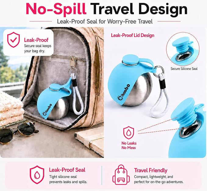 Cibaabo 2 in 1 Portable Dog Water Bottle with Bowl, 10 oz Stainless Steel No-Spill Travel Pet Water Dispenser with Collapsible Silicone Bowl for Small Dog & Puppy Walking Hiking Outdoor