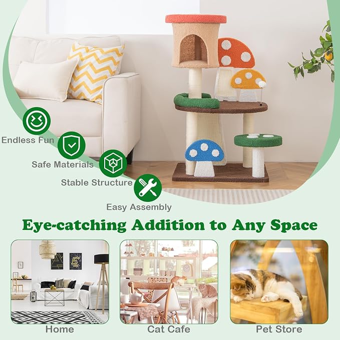 PETSITE Mushroom Cat Tree, 40.5-inch Tall Multi-Level Cat Tower with Natural Sisal Scratching Posts & Boards, Cat Condo and Spring Ball, Cute Cat Tree Tower for Indoor Cats Large Adults, Patented