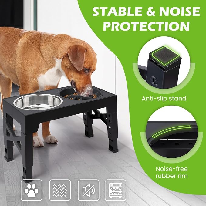 Elevated Dog Bowls with 5 Adjustable Heights Stand | Stainless Steel Bowls, Slow Feeder, 3.2" to 12.2" Hegiht Raised Dog Bowl for Small to Large Dogs