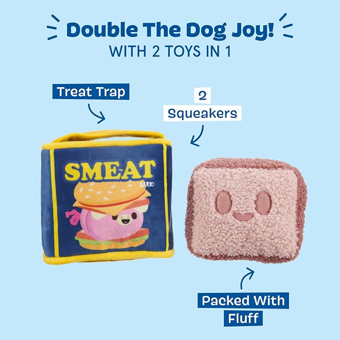 BarkBox Canned Smeat Dog Toy | 2-in-1 Plush Set with 2 Squeakers & Crinkle | Multi-Part Squeak Toy for Extra Small to Small Dogs