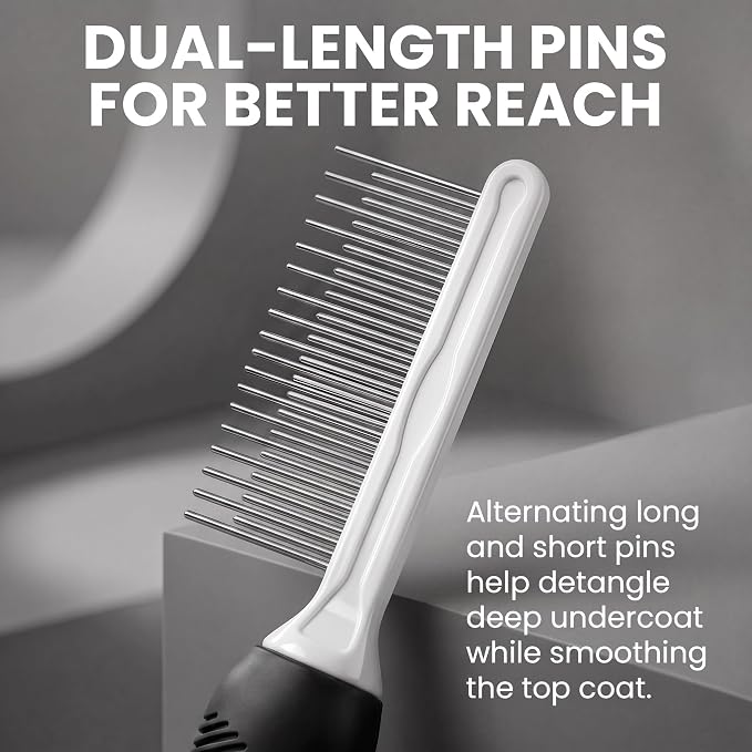 Poodle Pet Dog Combs for Grooming Matting - Metal Comb for Dogs with Long & Short Stainless Steel Teeth - Dematting Comb for Cats to Remove Matted Hair & Knots, Black