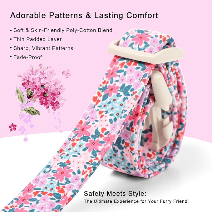 Floral Dog Collar, Cute Girl Dog Collars - Pastel Wildflowers Pattern Spring Summer Puppy Collar, Adjustable Female Dog Collars for Small Medium Large Dogs L