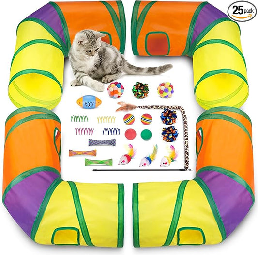 Retro Shaw Interactive Cat Toys Packs, 25Pcs | 4Pcs Collapsible Tunnel, 21Pcs Kitten Toys Bundle