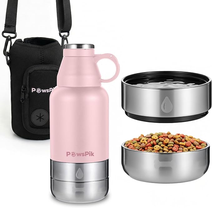 PawsPik 32oz 3-in-1 Travel Dog Water Bottle & Bowl Set – Stainless Steel Vacuum-Insulated Bottle with Detachable Food & Water Bowls, Leak-Proof, Keeps Water Cold 12hrs/Hot 6hrs (Cherry Blossom Pink)