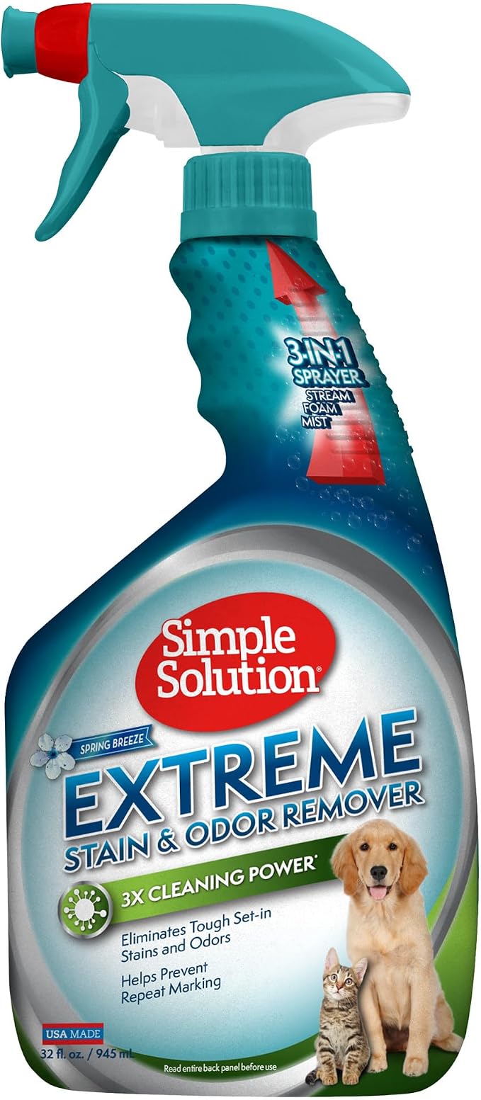 Simple Solution Pet Stain & Odor Remover, Enzyme Stain Cleaner, 32oz | Dog Stain & Odor Remover, Pet Urine Enzyme Cleaner, Dog Urine Carpet Cleaner, Pet Odor Eliminator, Spring Breeze Scent