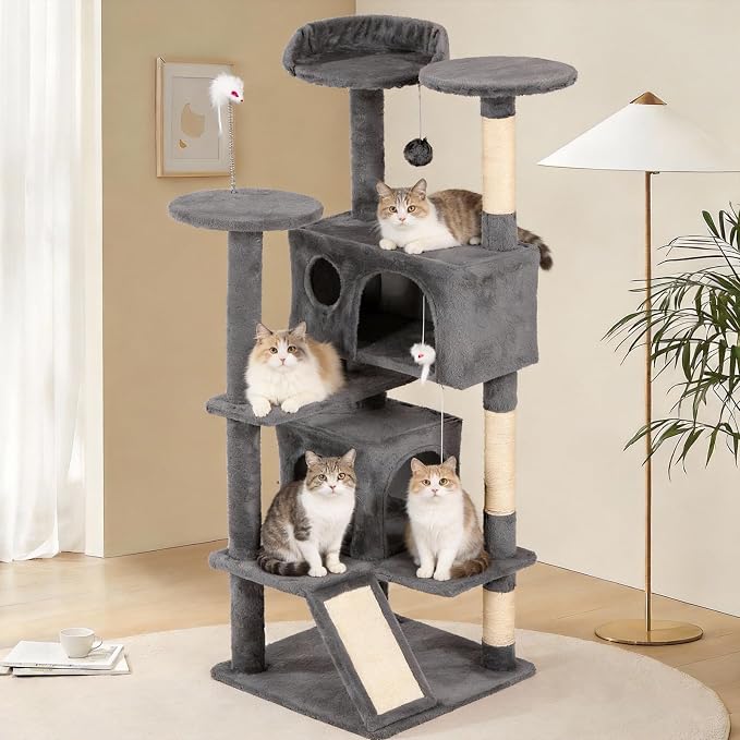 53in Cat Tree House with Scratching Post & 2 Caves for Indoor Cats