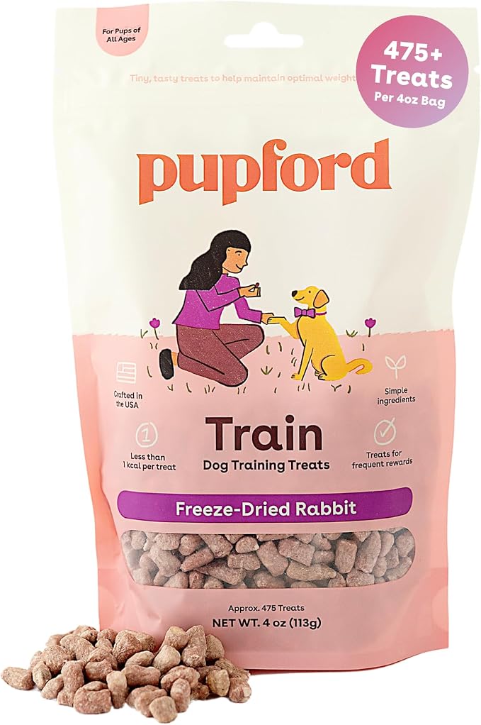 Pupford Freeze Dried Training Treats for Dogs & Puppies (Rabbit, 4 oz) | 475+ treats per bag, Ultra low-calorie, Only 2 ingredients, All breed sizes, Mess free and bite sized, Trainer recommended