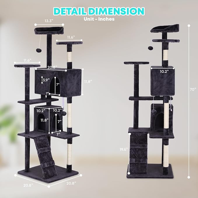 FDW | 70" Cat Tree Tower | Ashy | Multi-Level Indoor Activity Center with Sisal Scratching Posts, Condos, Plush Perches, Hanging Cat Toys | Sturdy, Easy to Assemble | for Kittens & Adult Cats