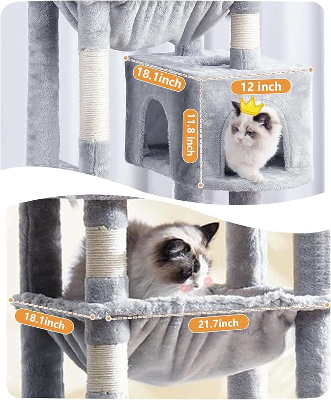 Tall Cat Tree 64 in, Multilevel Cat Tower for Adult Cats, Climbing Tree House and Towers with Condo Hammock Scratching Post Wide Base (Light Gray, 64 in)