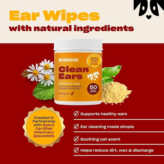 Oh Norman! Ear Cleaning Finger Wipes for Dogs, Aloe & Chamomile, 50 Ct | Vet-reviewed finger wipes with aloe vera & chamomile that gently remove wax & dirt from ears, reducing odor and irritation.