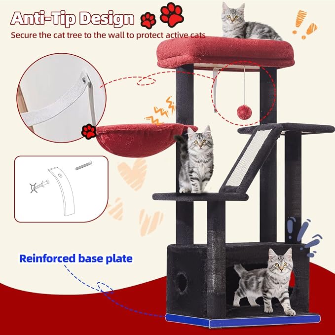Taoqimiao Gothic Cat Tree, 38.5In Cat Tower for Indoor Cats, for Kittens | Thick Padded Top Perch, Luxurious Cat Condo, Adjustable Basket, 1-Piece Ramp Scratcher, 3 Natural Sisal Posts, MS029SBR