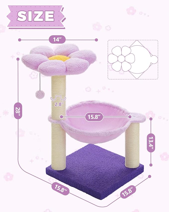 MUTTROS Flower Cat Scratching Post, 28" Cute Cat Tree Tower for Indoor Cats with Large Hammock Soft Perch Bed, Replaceable Toy Ball for Kittens, Purple