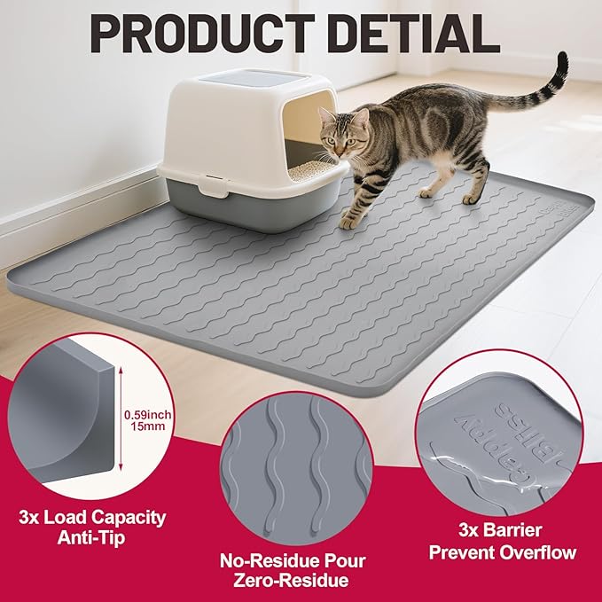 Cat Litter Mat, 34"x22" Waterproof Silicone Pad, Gray | Large Size, Urine-Proof Pad, Litter-Trapping Waves, Non-Slip, Easy Clean, Paw-Safe, for Litter Box, Floor Mat