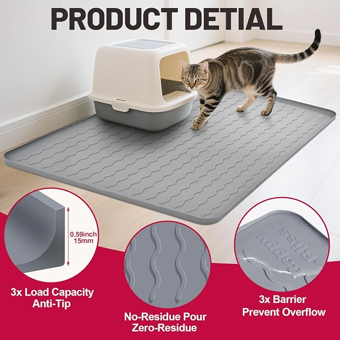 Cat Litter Mat, 34"x22" Waterproof Silicone Pad, Pink | Large Size, Urine-Proof Pad, Litter-Trapping Waves, Non-Slip, Easy Clean, Paw-Safe, for Litter Box, Floor Mat