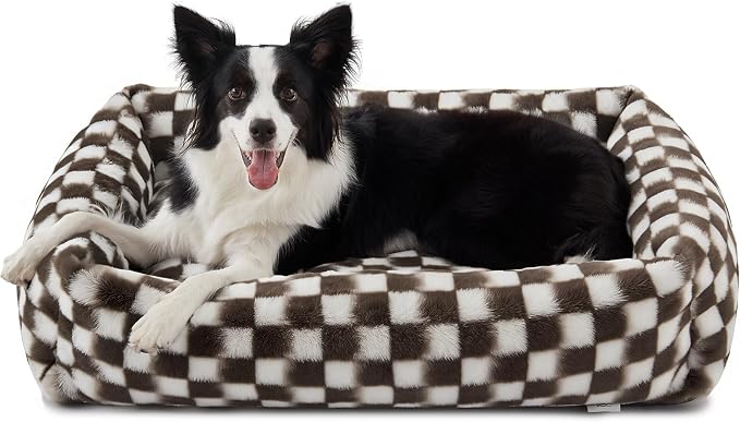 JOEJOY Dog Bed Medium Size Dog, Removable Washable Cover Orthopedic Soft Pet Bed, Anti-Slip Fluffy Plush Faux Rabbit Fur Puppy Bed, 30"x24"x8", Checkered, Brown