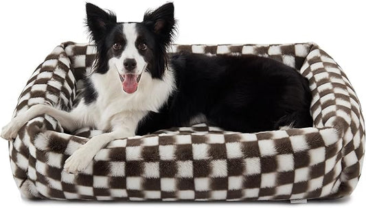 JOEJOY Dog Bed Medium Size Dog, Removable Washable Cover Orthopedic Soft Pet Bed, Anti-Slip Fluffy Plush Faux Rabbit Fur Puppy Bed, 30"x24"x8", Checkered, Brown