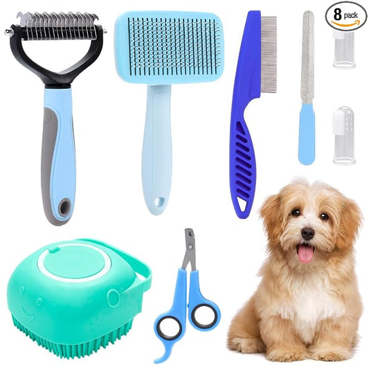 VCZONE 8 Pcs Dog Brush Grooming Kits, Includes Pet Nail Clipper and File, Flea Comb, Pet Shampoo Bath Brush, Pet Shedding Brush, Pet Dematting Comb, Silicone Toothbrush (Blue)