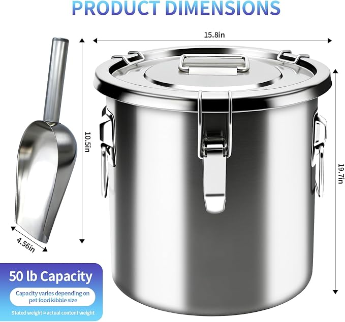 50 lb Stainless Steel Dog Food Storage Container, Airtight Metal Pet Food Storage Bin with Lid and Scoop, Large Dog Food Container for Dry Food, Keep Fresh, Easy to Clean