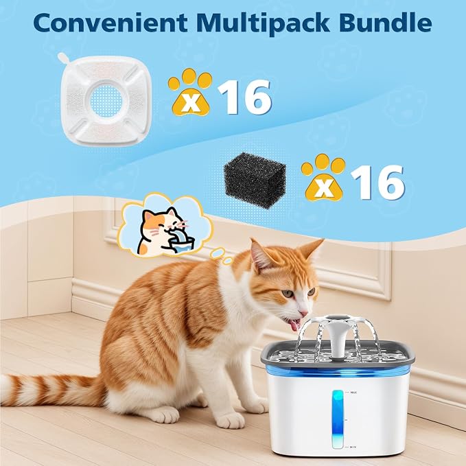 32 Pcs Cat Water Fountain Filters for Veken 95oz/2.8L, 67oz, 135oz Dog Water Fountain Automatic Pet Fountain Dog Water Dispenser 16Pcs Pet Fountain Filter Replacement & 16Pcs Pre-Filter Sponges