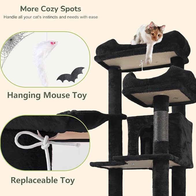 68 Inches Multi-Level Large and Tall Cat Tree Tower for Indoor Cats/Removable Pad/Cat Condo/Sisal Scratching Posts/Hammock/Cat Activity Center/Wide Base Black