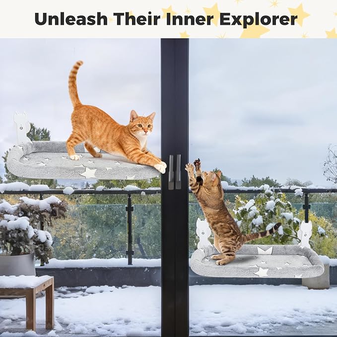 Homimp Cat Window Perch,Cordless Cat Window Hammock for Wall with 4 Strong Suction Cups,Solid Metal Frame and Two Replaceable Covers,Foldable Cats Bed for Large Cats and Kittens,Indoor Pet Seat,Grey M
