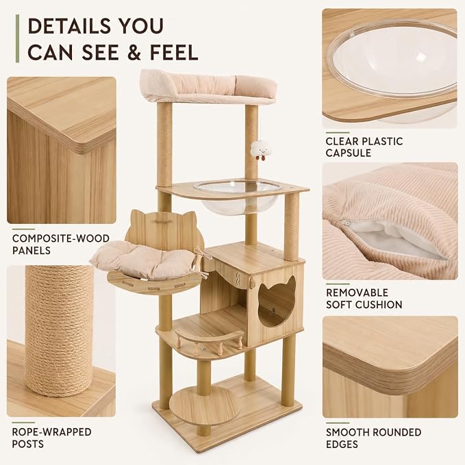 Multi-Level Cat Tree for Indoor Cats, Wooden Cat Tower with Cat House, Scratching Posts, Hammock and Platforms, Natural Wood Cat Furniture