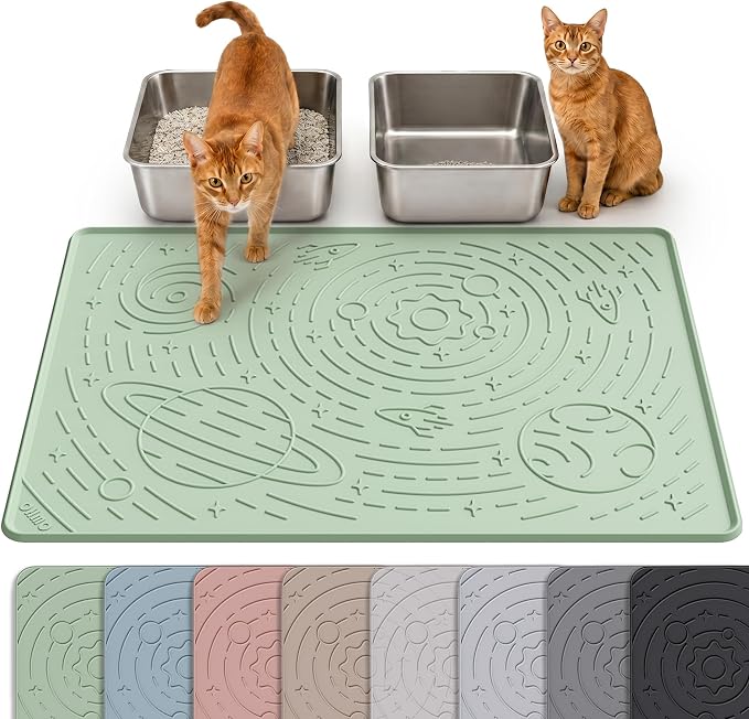 OHMO Large Cat Litter Mat 31.5x23.6" High Raised Edge Silicone, Sage Green | BPA-Free Thickened Rubber, Flexible, Non-Slip Kitty Trapping Mat for Litter Box, Waterproof, Anti Scatter, Easy Clean