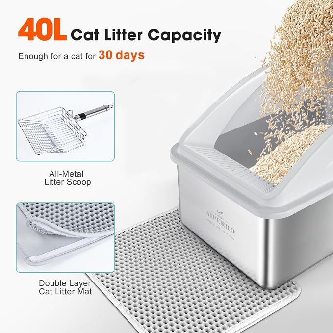 AIPERRO Stainless Steel Litter Box | XXL Deepened 8" Design Metal Cat Box | High Sided with Lid for Big Cats | Anti-Urine Leakage | Non-Stick Bottom & Easy to Clean | Includes Litter Mat & Metal Scoop