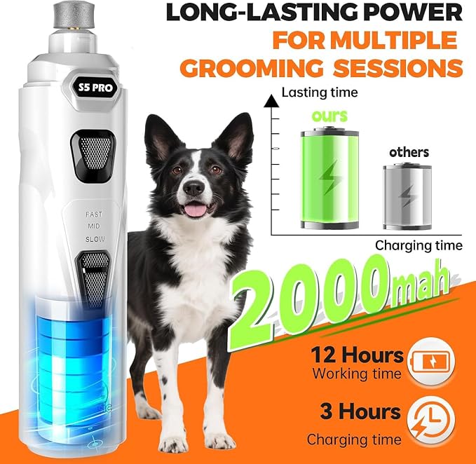 Whisper Quiet Dog Nail Grinder Safe & Stress-Free for Sensitive Dogs Cats | 4 LED Lights,3 Grinding Bits, 3-Speed, Pet Nail Trimmers, Rechargeable Painless Grooming Kit for All Breeds & Sizes