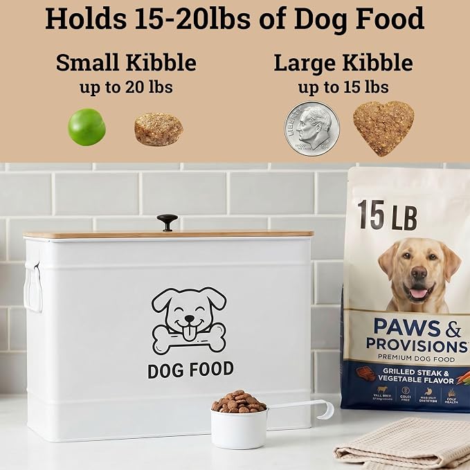 Metal Dog Food Container 15-20 lbs w/ Airtight Bamboo Lid, 70 Cup Capacity | Pet Jar For Dogs up to 100lbs, Airtight Bamboo Lid, Sturdy Comfortable Metal Handle, Powder Coated Iron, Kibble Storage Bin