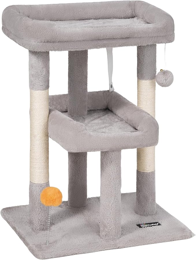 Small Cat Tree, Multi-Level Cat Tree for Indoor Cats, Cat Tower with Scratching Post, Cat Condo for Kittens,Toy Balls, 2 Soft Platform, Light Gray