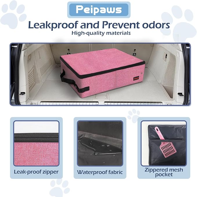 Portable Cat Travel Litter Box. Zipped Lid, Collapsible Litter Box for Cats. No Leakage, No Smell. Easy to Carry. Used for Hotels, Camping, Car (Pink,M)