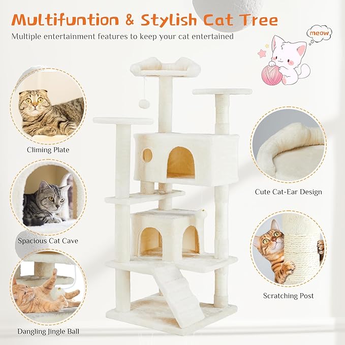 Sweetcrispy 54-inch Cat Tree Tower with Scratching Posts, Indoor Use | Multi-Level Indoor Cat Tree Condo with Climbing Ladder, Plush Toy, Play House for Kitten, Beige