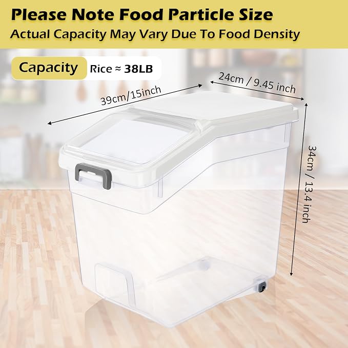 Sunnyray 4 Pcs Rice Storage Container 38 lb Flour Container with Wheels Measuring Cup Clear Pet Food Bin Dog Birds Cat Food Bin Grain Cereal Organizer Box for Dry Baking Supplies(White Lid)