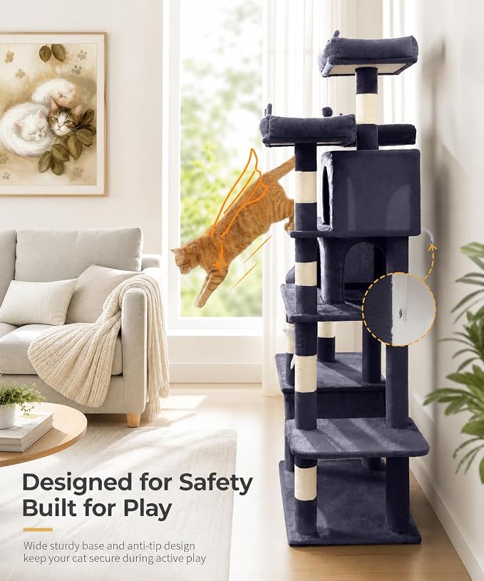Cat Tower, 71 Inch Heavy Duty Cat Tree for Large Cats | Tall Cat Tree Tower with Extended Base, 2 Condos, 3 Perches, 9 Sisal Posts & Hammock for Indoor Adult Cats, Dark Grey