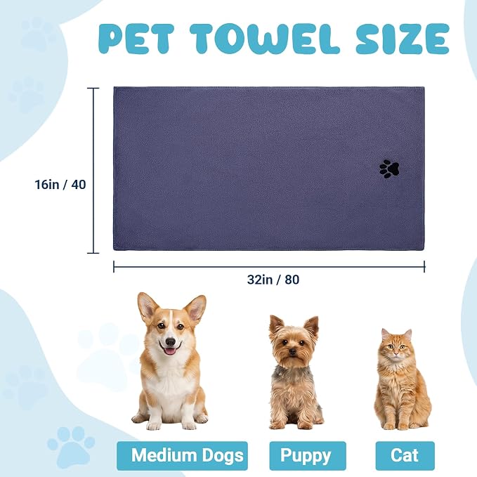 2PCS Dog Bath Supplies, Dog Bath Gloves | Dog Towels 32'' X 16'',Super Absorbent and Soft Pet Grooming Towel, Perfect Shower & Grooming Supplies for Dogs