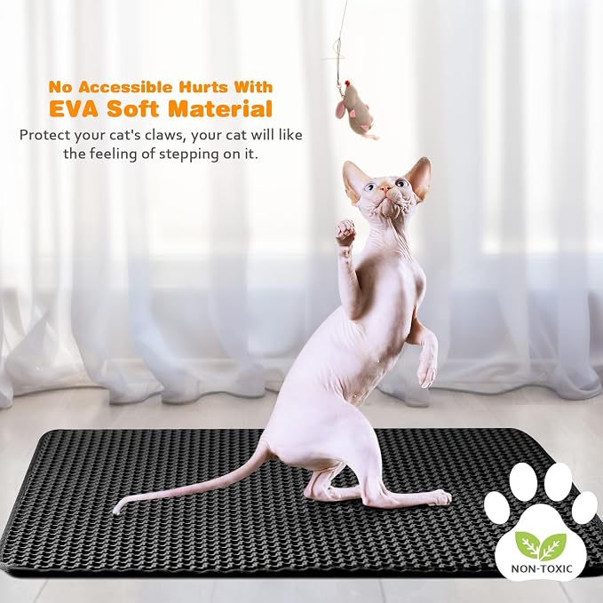 Cat Litter Mat 18"x24",Double Layer EVA litterbox Mat, Black | Waterproof honeycomb large grid, urine-proof and odor-free. Traps litter, easy cleanup,Washable, non-slip backing