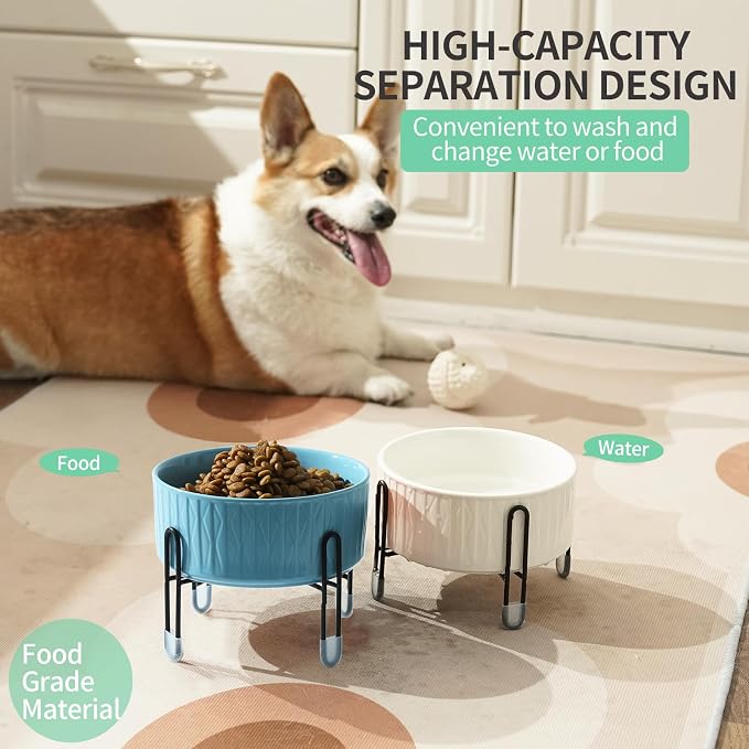 32 OZ Ceramic Dog Bowls with Metal Stand, 6.5 Inch Elevated Cat Bowl Set | Raised Pet Food Water Dish, 2 Heights, for Cats & Dogs, Prevent Neck Fatigue, Light Green