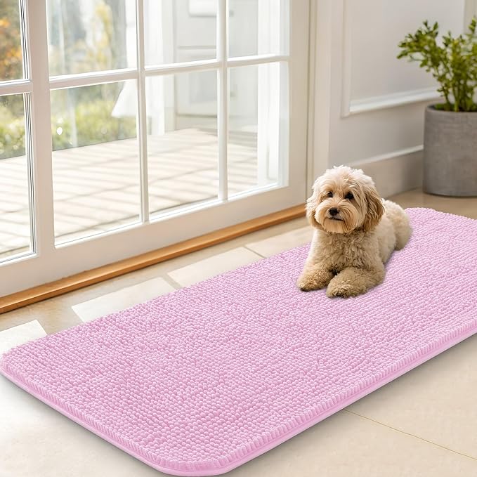 OLANLY Dog Door Mat for Muddy Paws 47x20, Super Absorbent Chenille Mud Mat | Pink, Absorbs Moisture and Dirt, Non-Slip Machine Washable Doormat, Quick-Drying Indoor Entryway Floor Carpet for Dogs