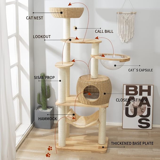 59-Inch Modern Cat Tree Tower for Large Indoor Cats, Handwoven Basket Condo | Stable multi-level structure, reinforced base, 8 cm sisal posts, clear space capsule, hammock, washable cooling & plush mats