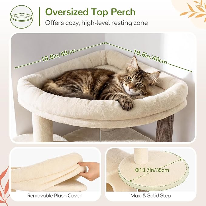 Globlazer 73in Corner Stable Cat Tree for Indoor Cats, C73, Beige | Space-Saving Multi-Level Climbing Tower, Large Fan-Shaped Condos & Top Perch, 8 Full-Sisal Posts & Board, Metal Baskets