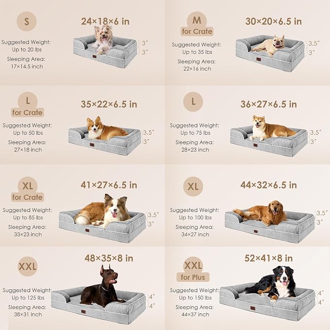 EHEYCIGA Orthopedic Dog Beds for Extra Large Dogs 44x32Inch, Polyurethane Foam XL Pet Bed with Sides, Non-Slip and Egg-Crate Foam Big Dog Couch Bed with Washable Removable Cover, Grey