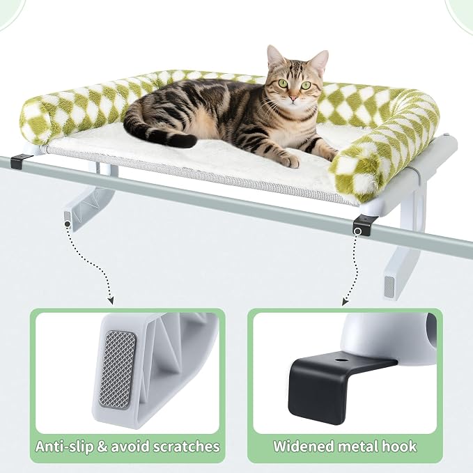 Sunhoo Cat Window Perch Hammock Sturdy Windowsill Bed Seat for Large Cats No Drilling No Suction Adjustable Kitty Shelf with Washable Cover Easy Assembly Holds up to 40 lbs 24.8 * 15 in (Green, L)
