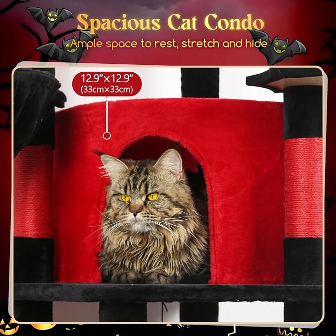 Globlazer Gothic Corner Cat Tree with Scratching Post, C51, Black Red | 51in Space-Saving Multi-Level Goth Cat Tower for Indoor Cats with Hammock, Large Top Perch for Large Cats, Cozy Cat Condo